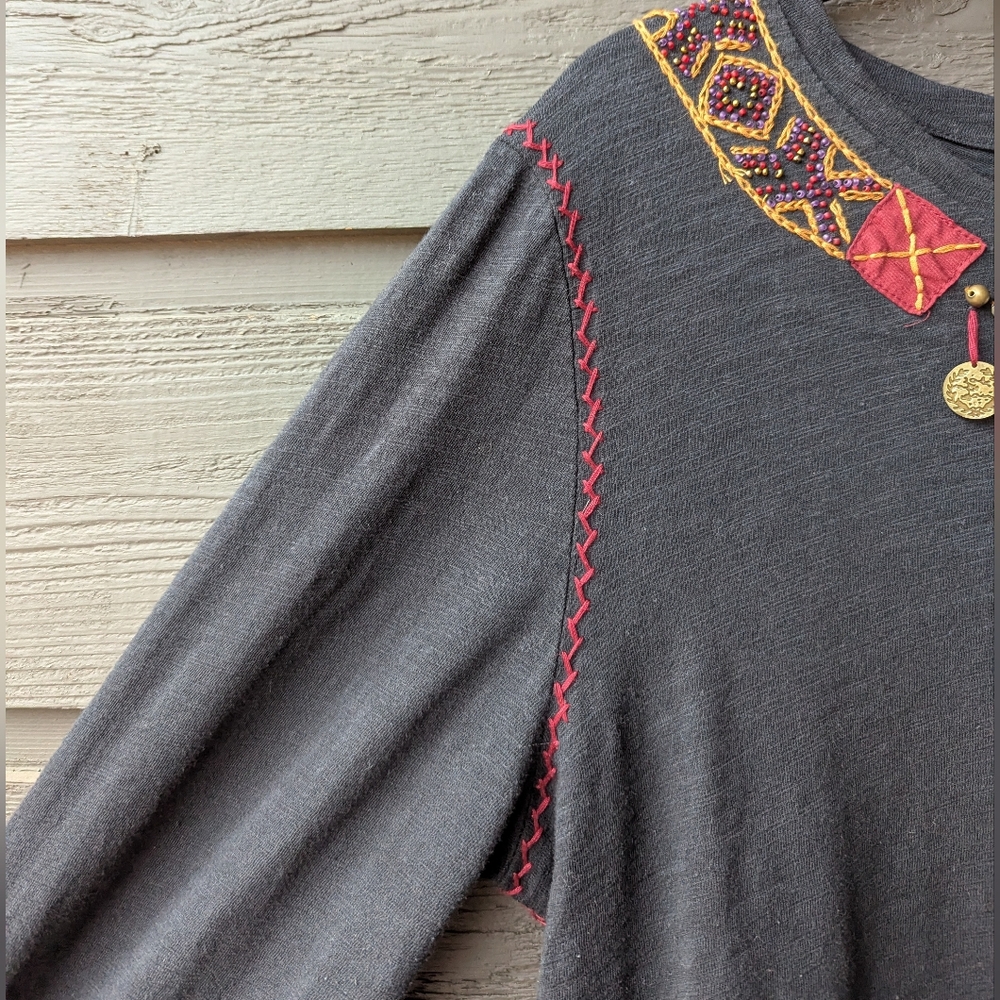 Double D Ranch Soft Black Slub Cotton Long Sleeve V Neck Top Size XL - Picture 3 of 8
